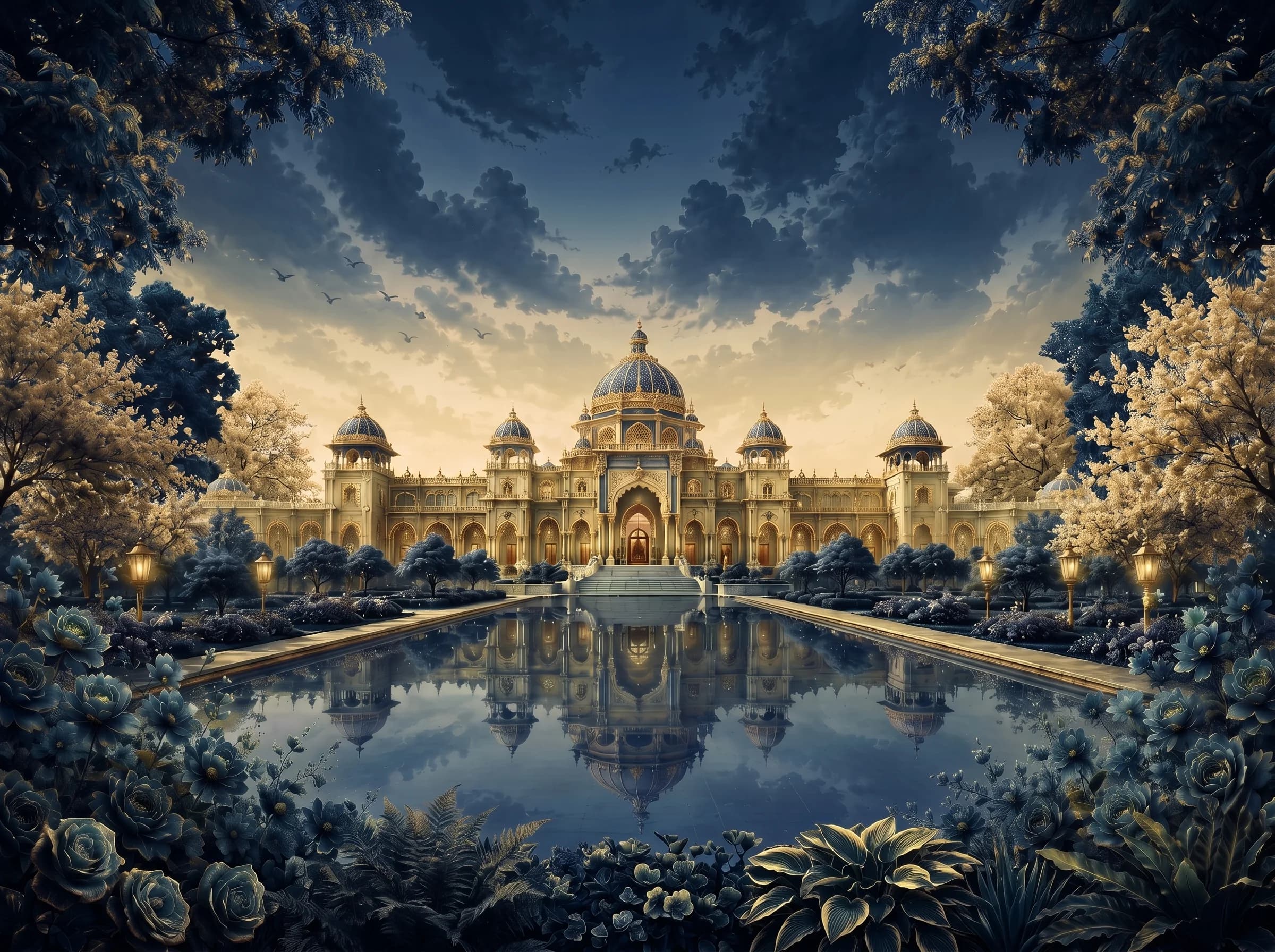 Azure Royale venue section background, a gold line-illustration on navy